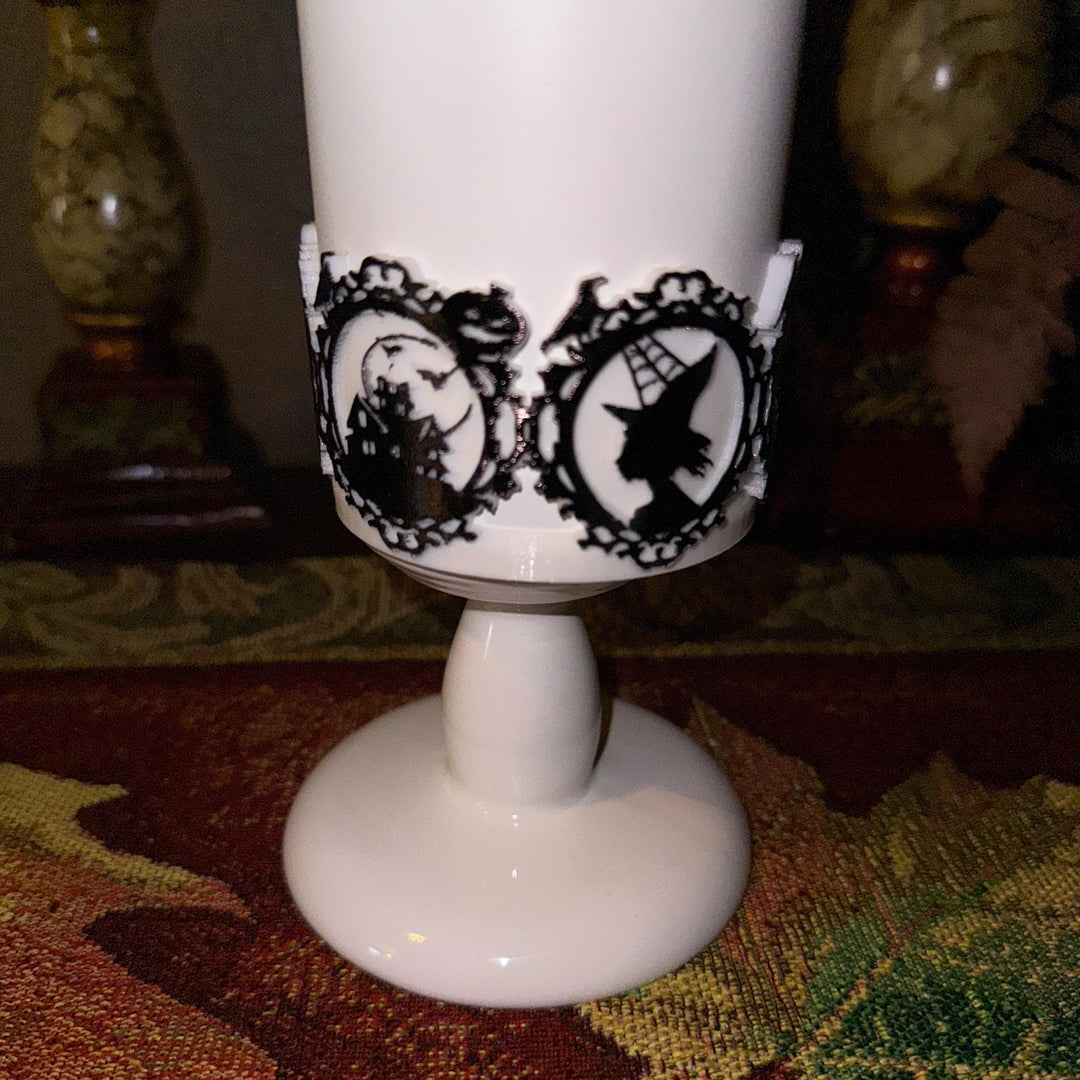 Black and White Halloween Tumbler Boot, multiple designs on panels, trendy accessories for Stanley tumblers, unique gift hand painted