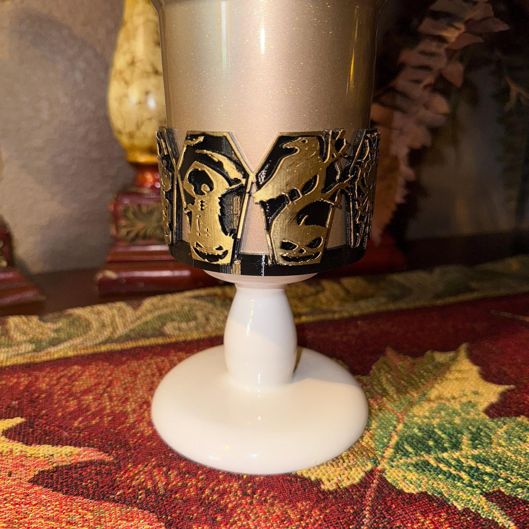Halloween Coffin Tumbler Boot, multiple detailed designs on each panel, trendy accessories for Stanley tumblers, unique gift hand painted