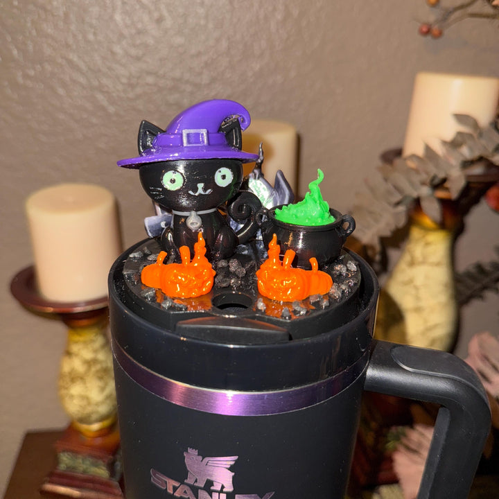 Halloween Witch Cat Tumbler Topper, Halloween tumbler lid, Halloween gift, 3D Decorative Lid - HOT SELLER, unique gift