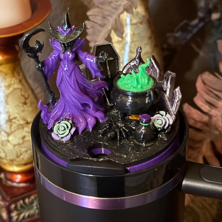 Halloween Witch Tumbler Topper, hat, broom, spell book, cauldron, spiders, 3D Decorative Lid - HOT SELLER, unique gift spooky witchy vibes