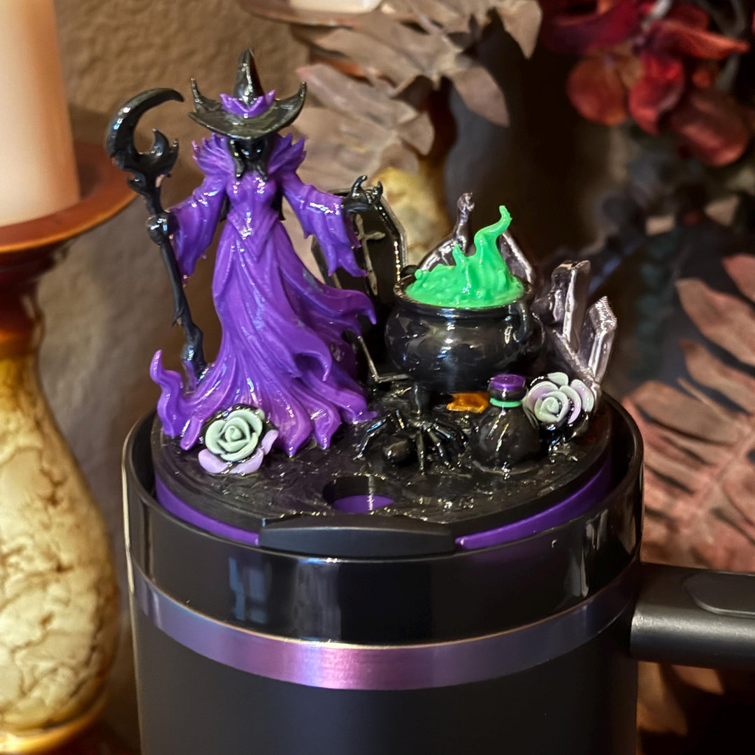 Purple Halloween Witch Tumbler Topper, hat, broom, spell book, cauldron, spiders - HOT SELLER, unique gift spooky witchy vibes