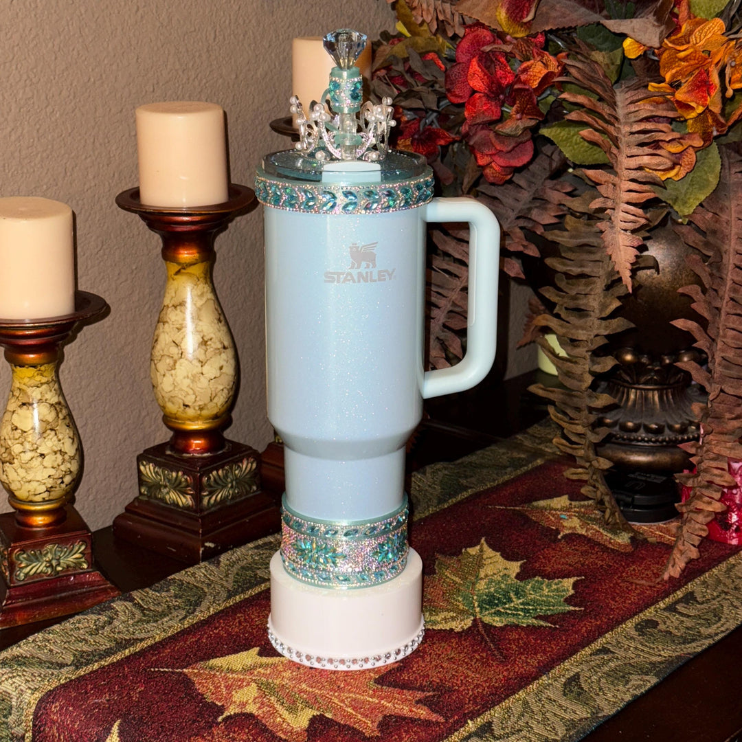 Teal Lake Blue Flat Fancy Iridescent Rhinestone Tumbler Princess Collection, Stanley accessories unique gift Crown Halo Boot Straw Topper