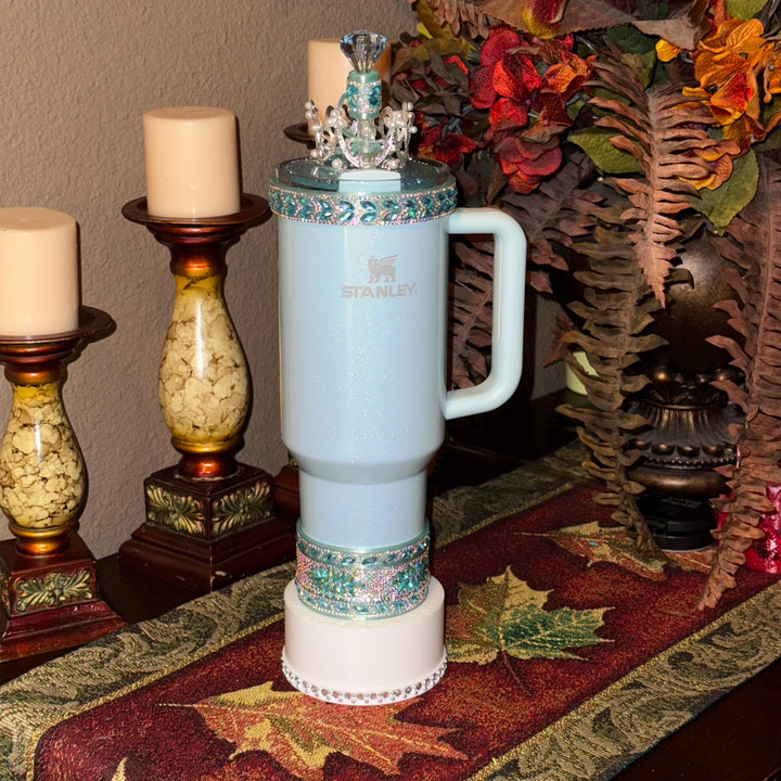 Teal Lake Blue Flat Fancy Irridescent Rhinestone Tumbler Princess Collection, Stanley accessories unique gift Crown Halo Boot Straw Topper