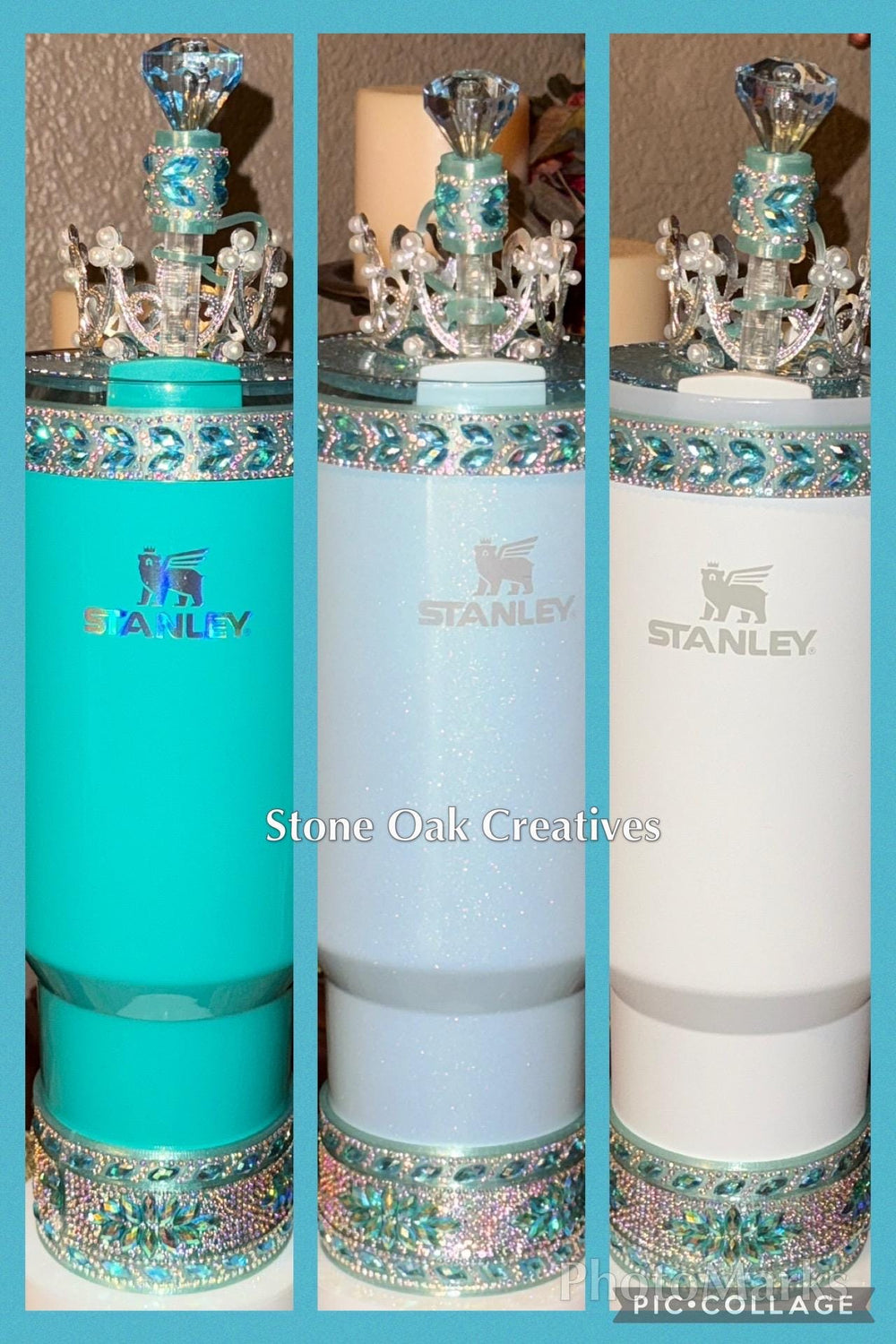 Teal Lake Blue Flat Fancy Irridescent Rhinestone Tumbler Princess Collection, Stanley accessories unique gift Crown Halo Boot Straw Topper