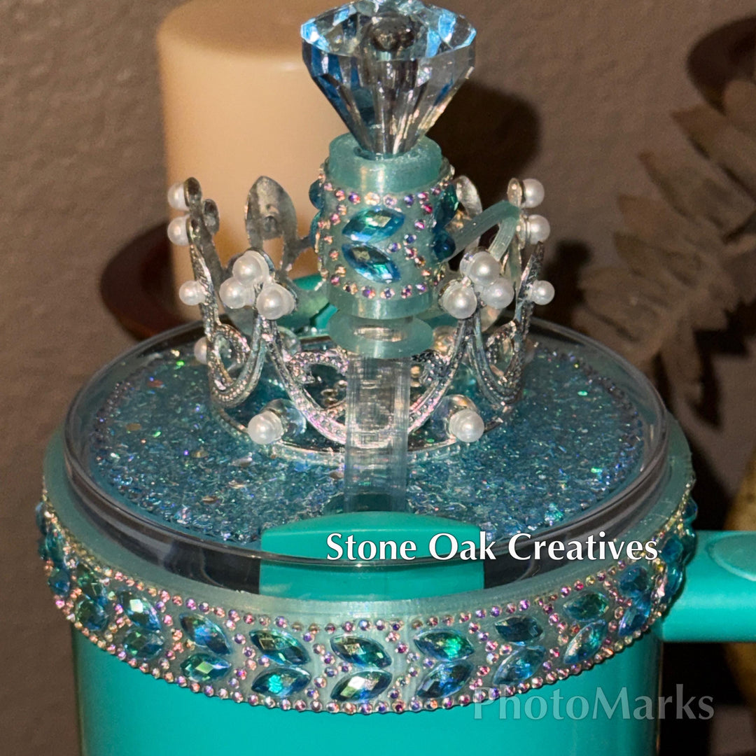 Teal Lake Blue Flat Fancy Irridescent Rhinestone Tumbler Princess Collection, Stanley accessories unique gift Crown Halo Boot Straw Topper
