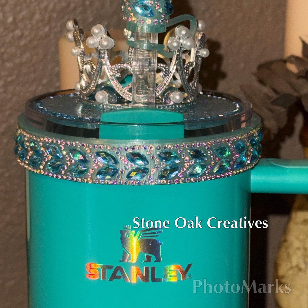 Teal Lake Blue Flat Fancy Irridescent Rhinestone Tumbler Princess Collection, Stanley accessories unique gift Crown Halo Boot Straw Topper