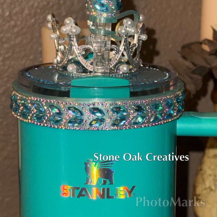 Teal Lake Blue Flat Fancy Iridescent Rhinestone Tumbler Princess Collection, Stanley accessories unique gift Crown Halo Boot Straw Topper