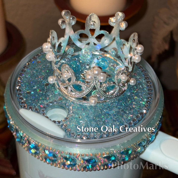 Teal Lake Blue Flat Fancy Irridescent Rhinestone Tumbler Princess Collection, Stanley accessories unique gift Crown Halo Boot Straw Topper