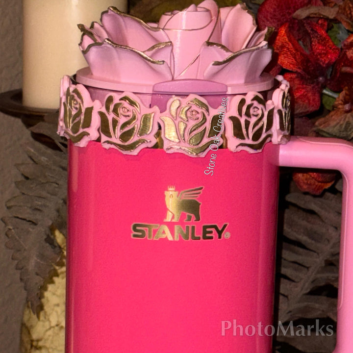 Single Rose Tumbler Topper, boot or halo for the Love Shack Fancy Stanley Tumblers, Pink Rose accents with gold, BEST SELLER