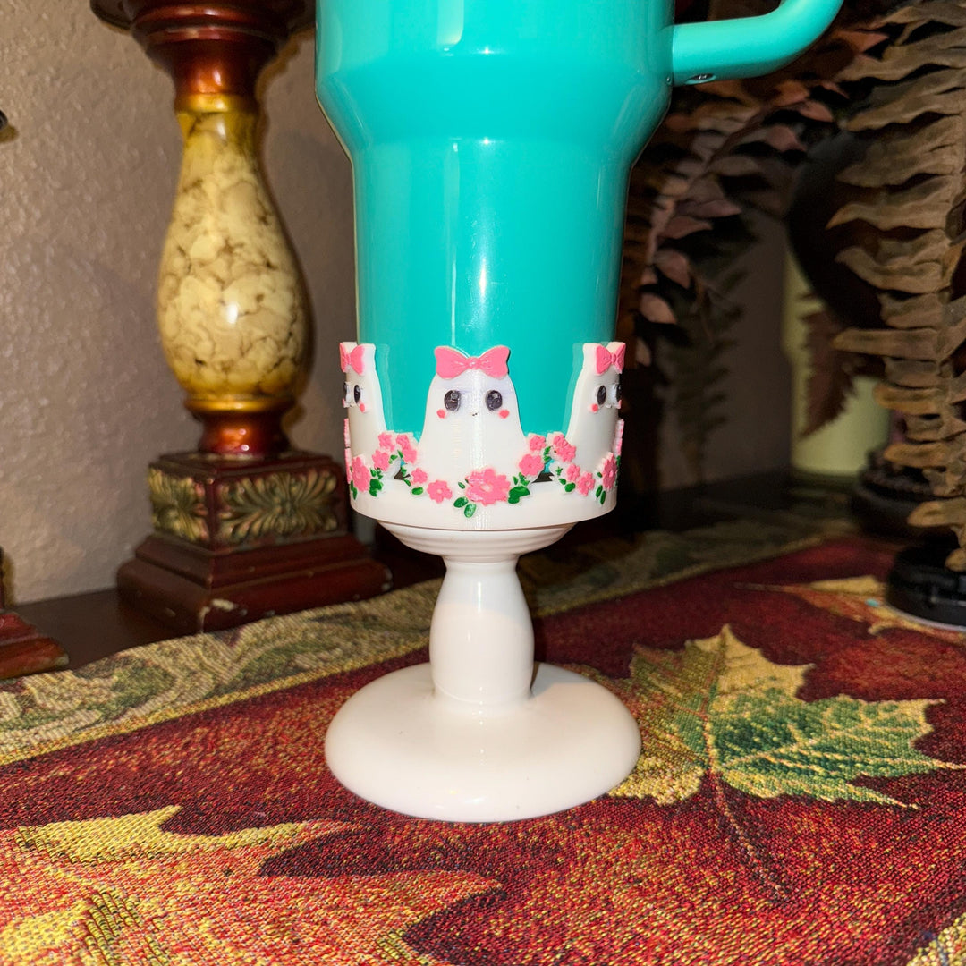 Cute Halloween Ghost Tumbler Boot, flowers bows, Cup Sleeve, Festive Accessories for 20 30 and 40 oz Stanley, Unique Gift, hand painted