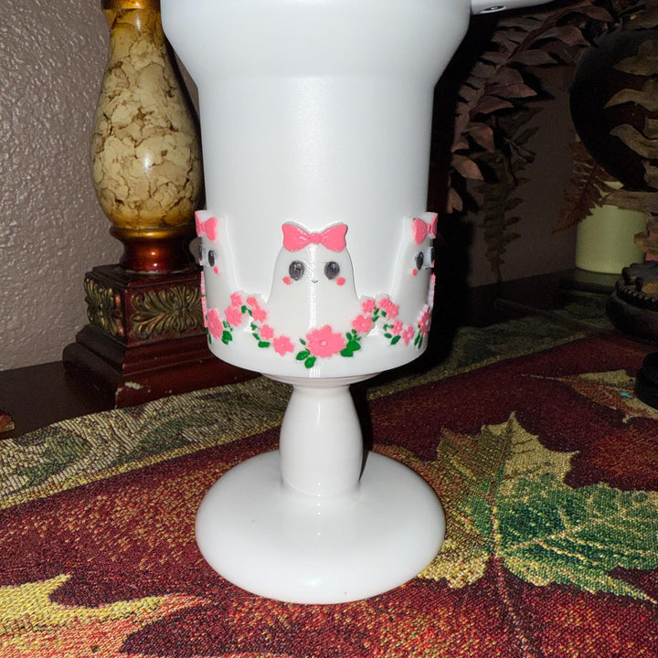 Cute Halloween Ghost Tumbler Boot, flowers bows, Cup Sleeve, Festive Accessories for 20 30 and 40 oz Stanley, Unique Gift, hand painted