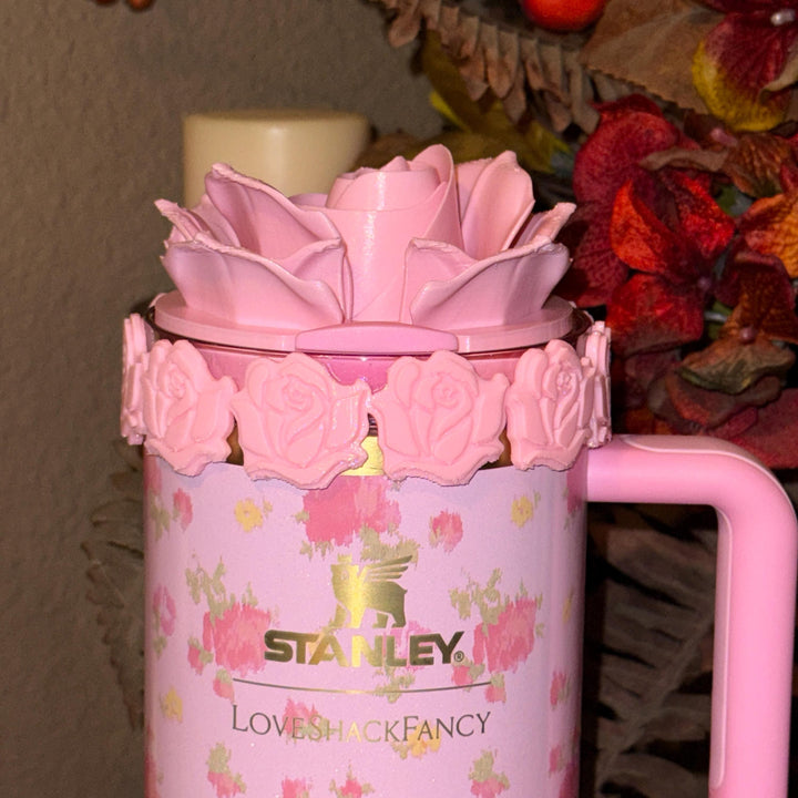 Single Rose Tumbler Topper, boot or halo for the Love Shack Fancy Stanley Tumblers, Pink Rose accents with gold, BEST SELLER