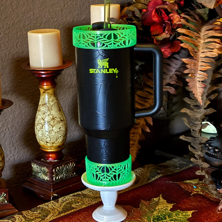 Glow in the Dark Neon Green Spiderweb Tumbler lid halo or Boot, Halloween Tumbler Sleeve, Fits 30 40 oz Stanley Unique Gift, BEST SELLER