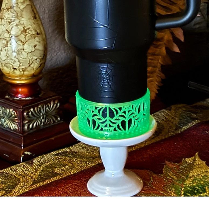 Glow in the Dark Neon Green Spiderweb Tumbler lid halo or Boot, Halloween Tumbler Sleeve, Fits 30 40 oz Stanley Unique Gift, BEST SELLER
