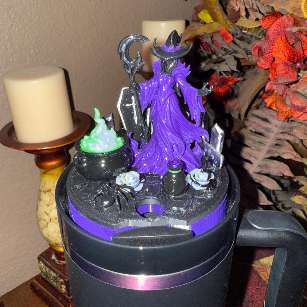 Purple Halloween Witch Tumbler Topper, hat, broom, spell book, cauldron, spiders - HOT SELLER, unique gift spooky witchy vibes