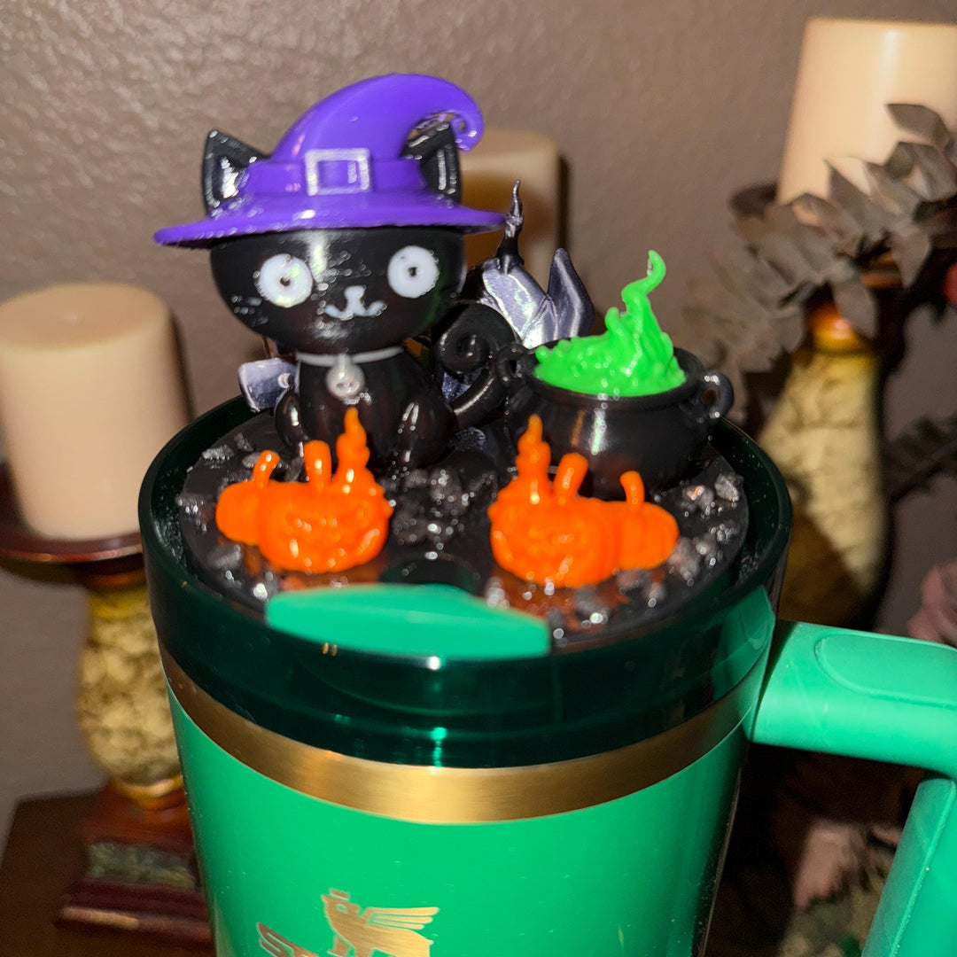 Halloween Witch Cat Tumbler Topper, Halloween tumbler lid, Halloween gift, 3D Decorative Lid - HOT SELLER, unique gift