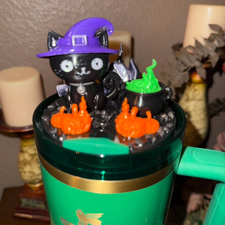 Halloween Witch Cat Tumbler Topper, Halloween tumbler lid, Halloween gift, 3D Decorative Lid - HOT SELLER, unique gift