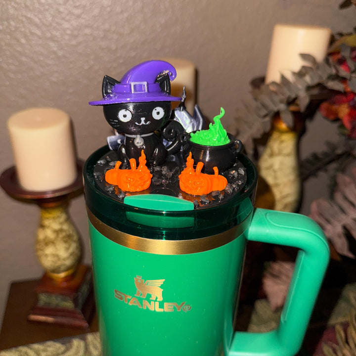 Halloween Witch Cat Tumbler Topper, Halloween tumbler lid, Halloween gift, 3D Decorative Lid - HOT SELLER, unique gift