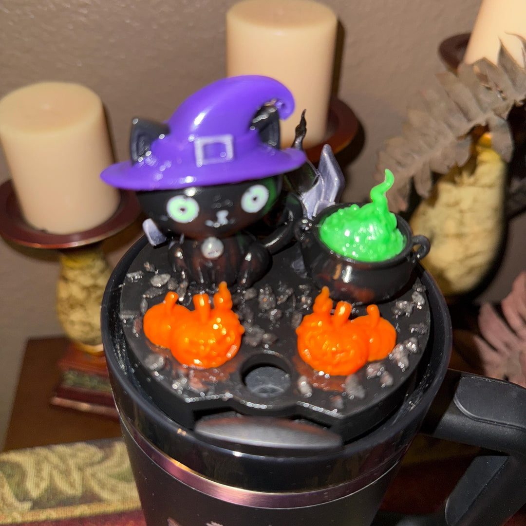 Halloween Witch Cat Tumbler Topper, Halloween tumbler lid, Halloween gift, 3D Decorative Lid - HOT SELLER, unique gift
