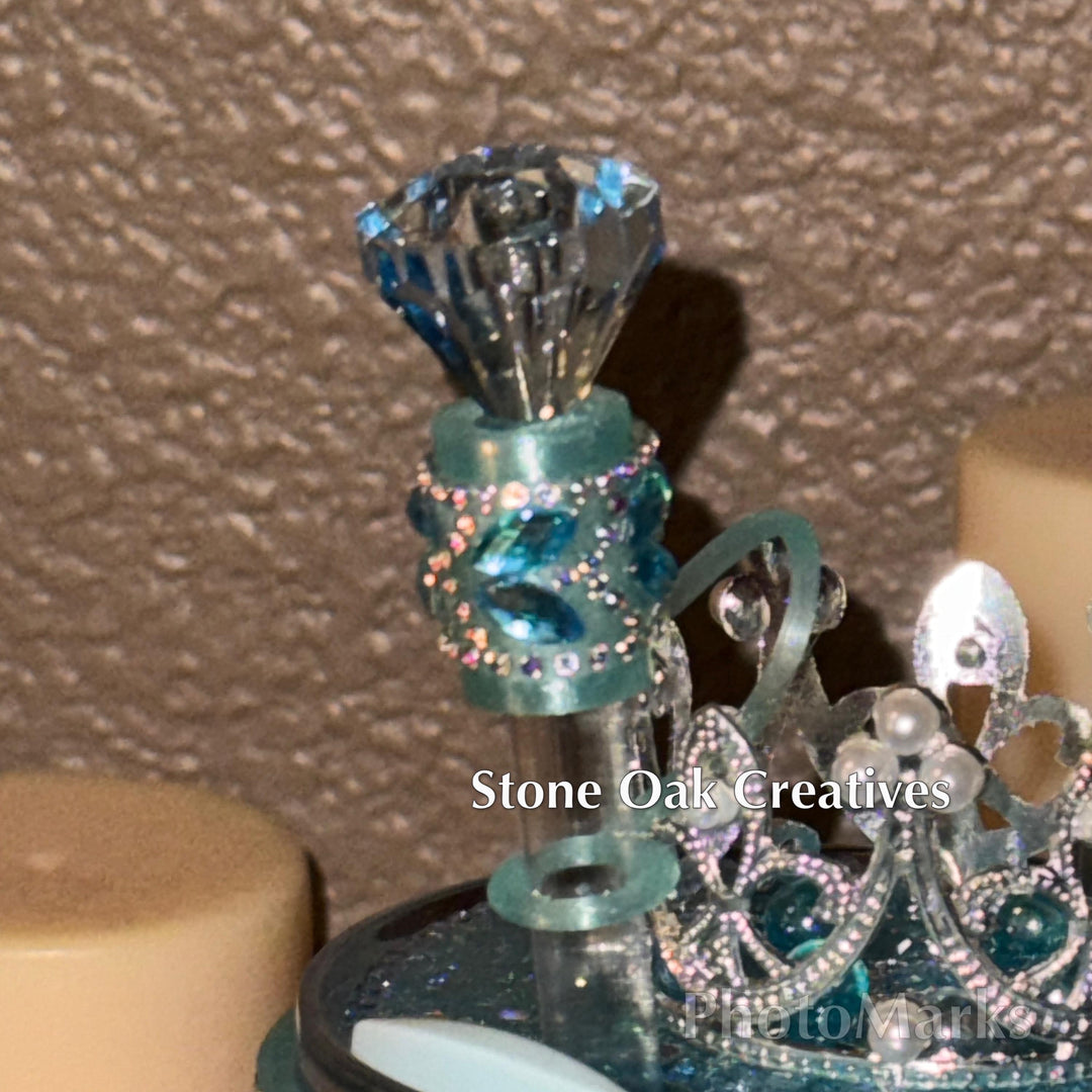 Teal Lake Blue Flat Fancy Irridescent Rhinestone Tumbler Princess Collection, Stanley accessories unique gift Crown Halo Boot Straw Topper