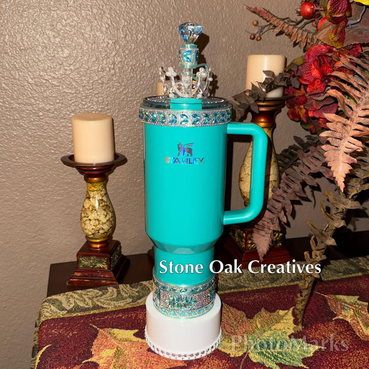 Teal Lake Blue Flat Fancy Irridescent Rhinestone Tumbler Princess Collection, Stanley accessories unique gift Crown Halo Boot Straw Topper
