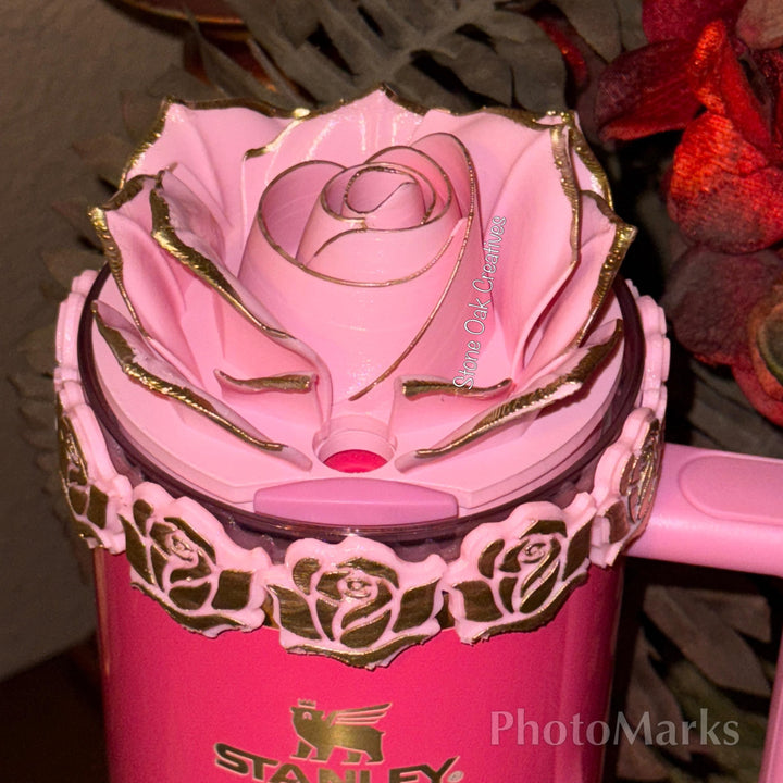 Single Rose Tumbler Topper, boot or halo for the Love Shack Fancy Stanley Tumblers, Pink Rose accents with gold, BEST SELLER