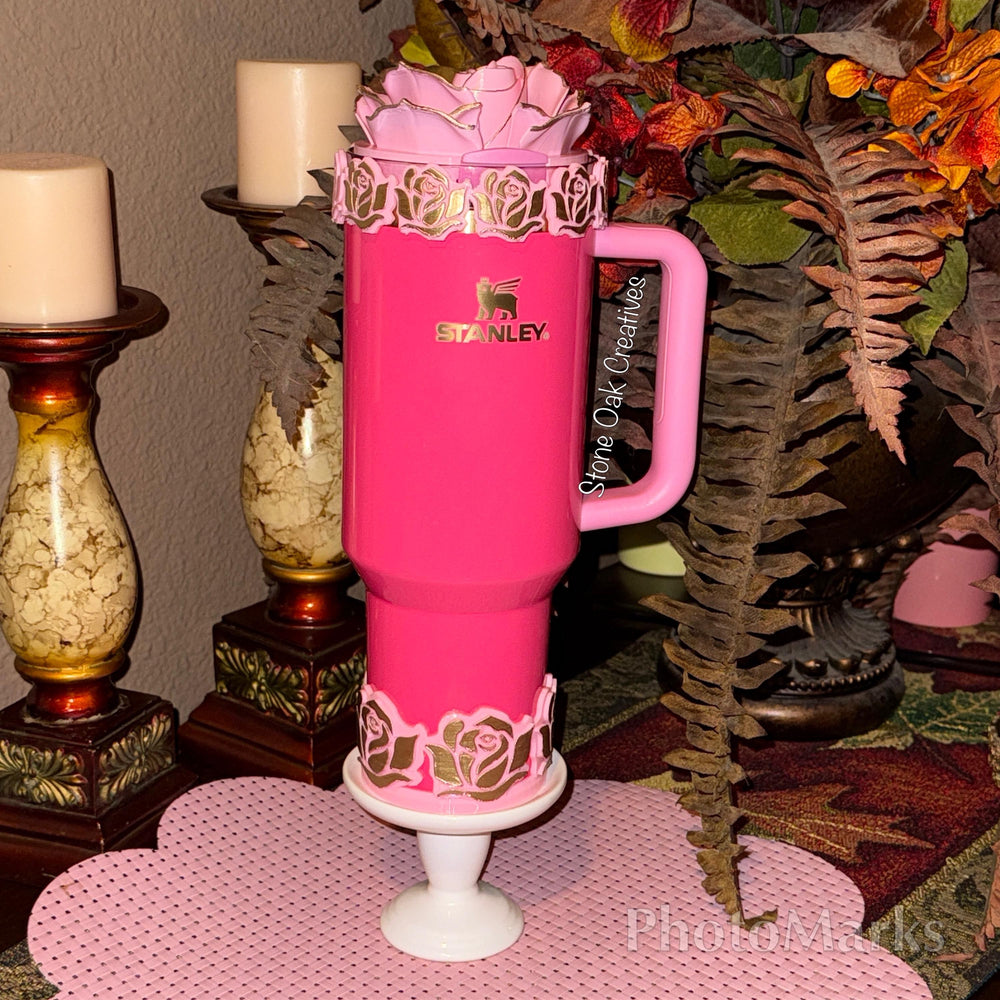 Single Rose Tumbler Topper, boot or halo for the Love Shack Fancy Stanley Tumblers, Pink Rose accents with gold, BEST SELLER