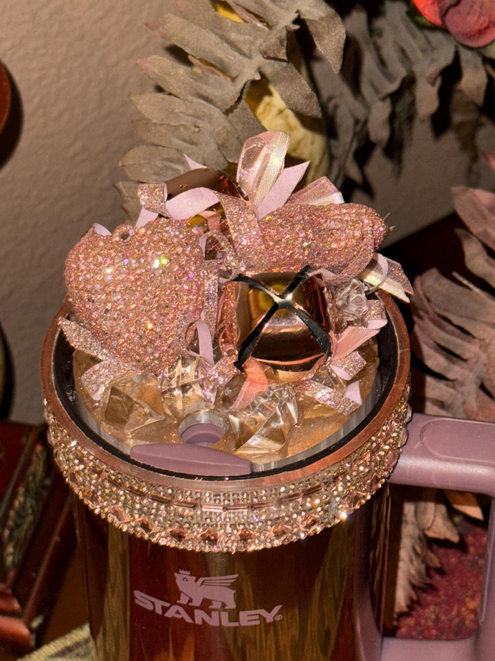 Polished Rose Gold Flat Fancy Rhinestone Tumbler Princess Collection, Stanley tumbler accessories, Heart Bell Topper, Halo Boot Bangles