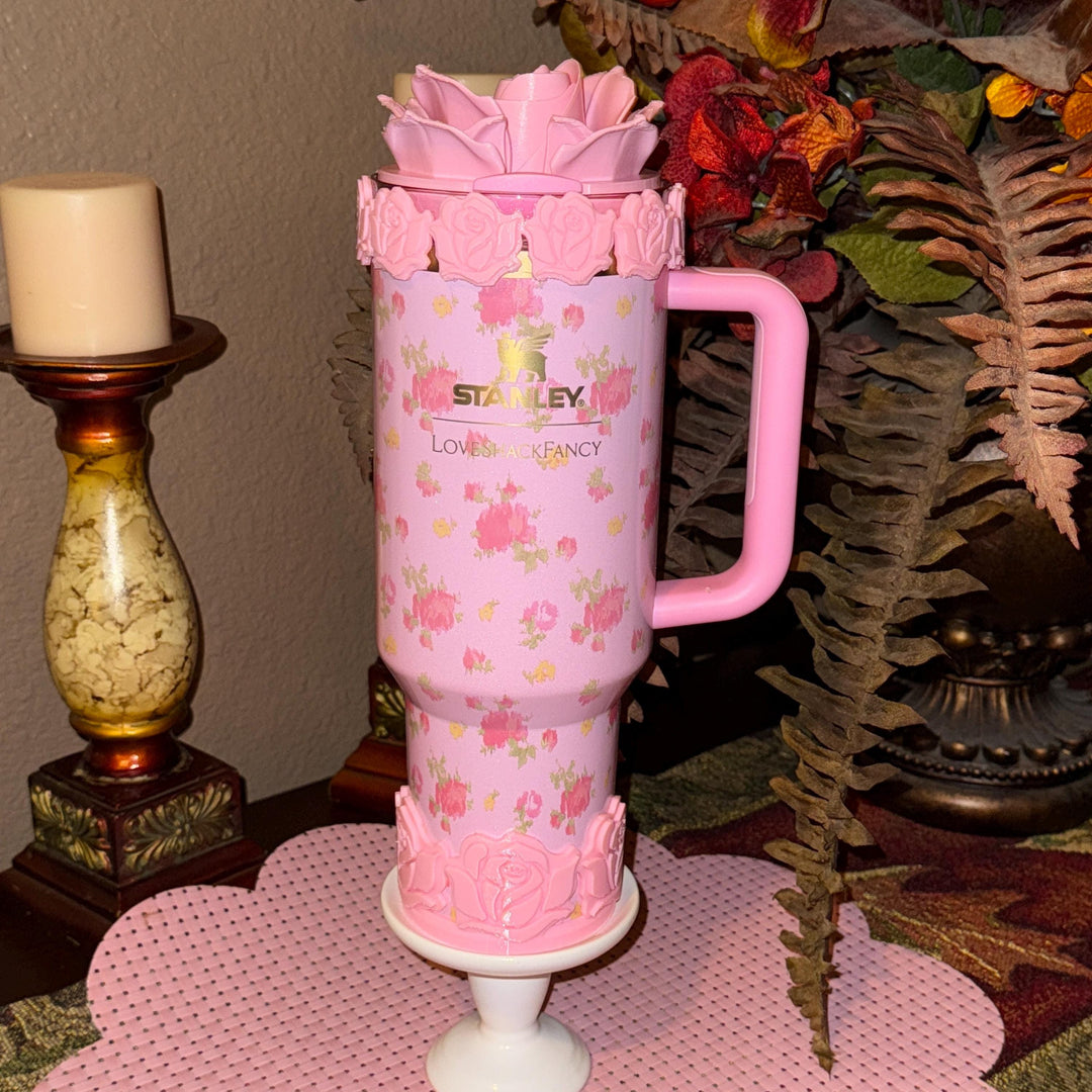 Single Rose Tumbler Topper, boot or halo for the Love Shack Fancy Stanley Tumblers, Pink Rose accents with gold, BEST SELLER