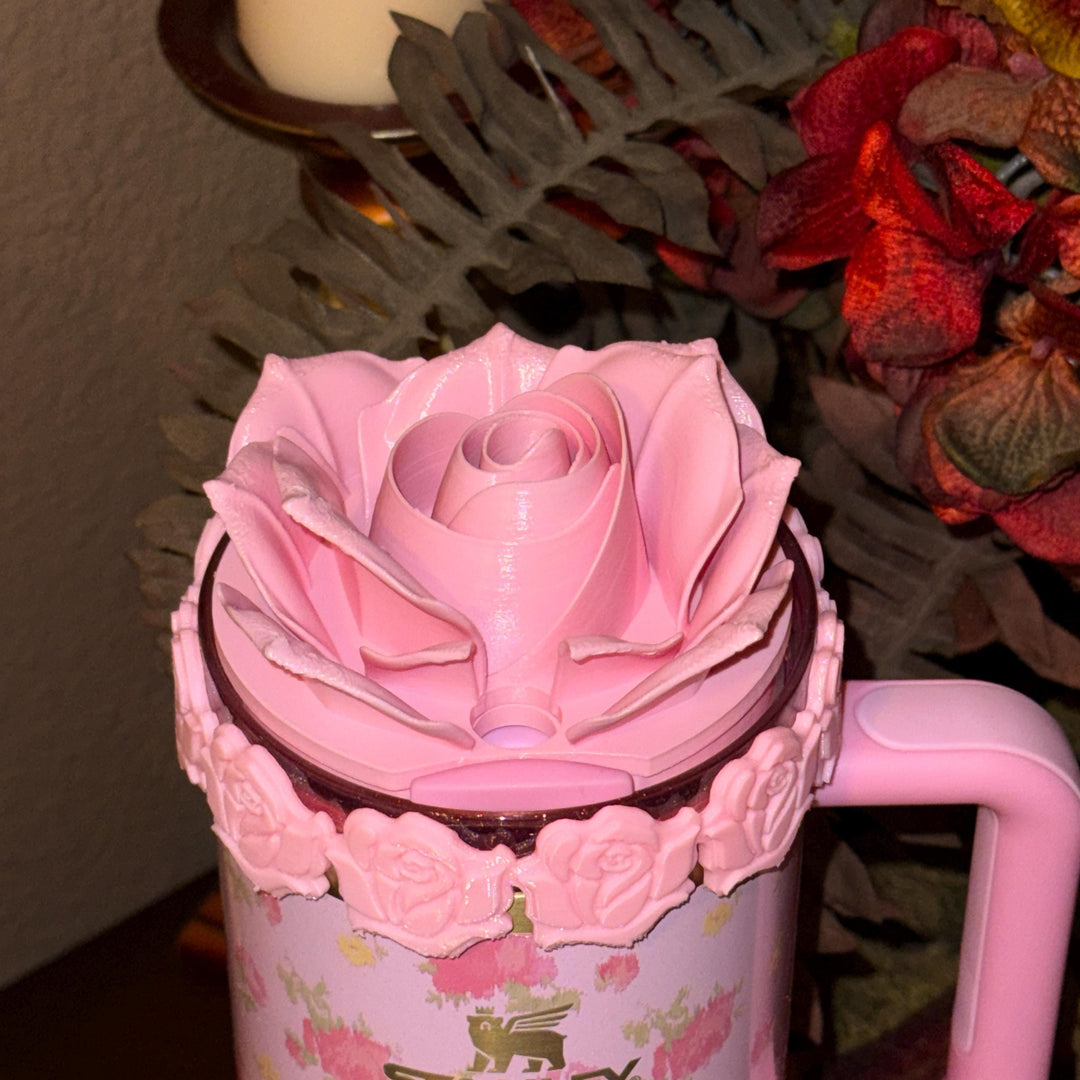 Single Rose Tumbler Topper, boot or halo for the Love Shack Fancy Stanley Tumblers, Pink Rose accents with gold, BEST SELLER