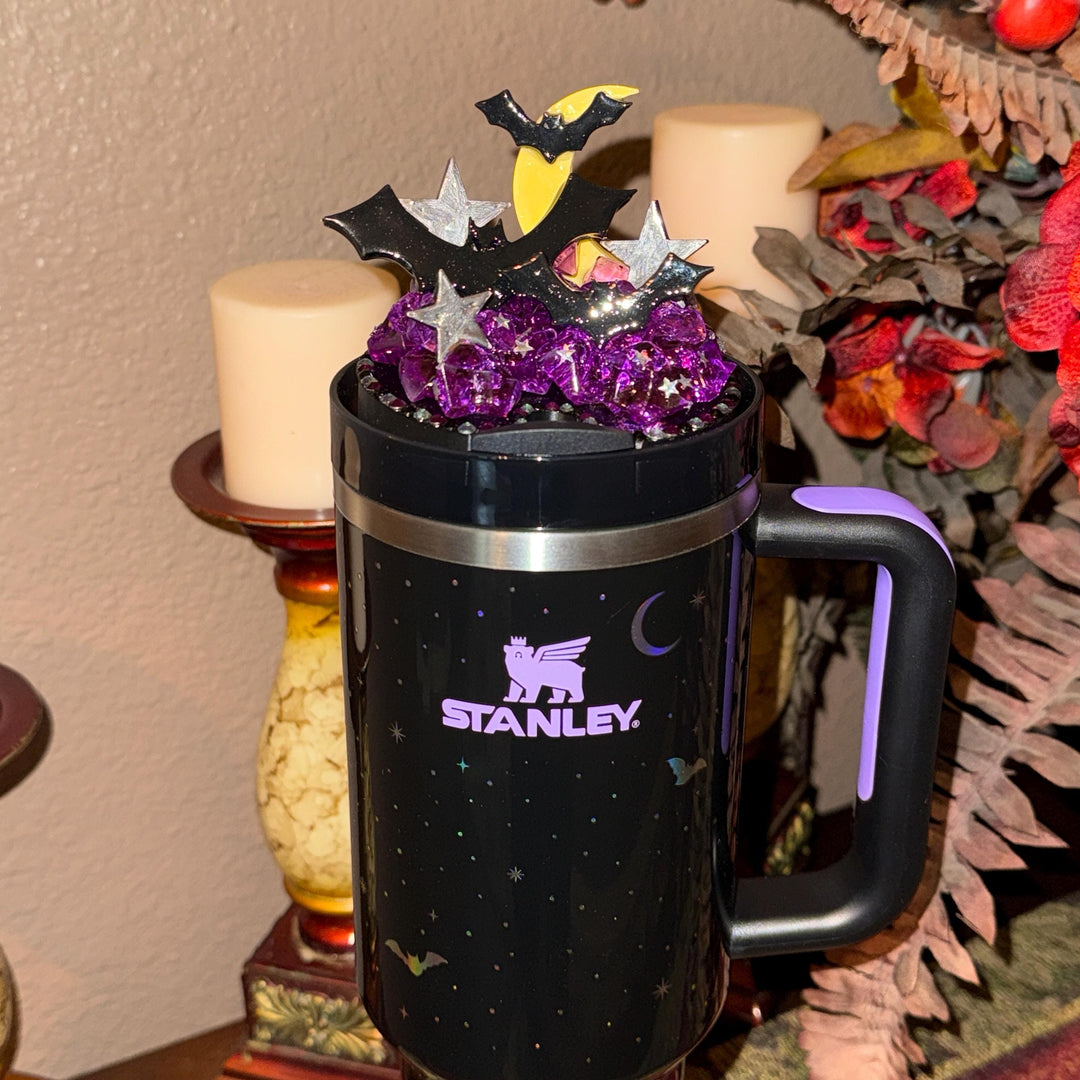 Spellcast Black Bats Moon and Stars Tumbler Topper or boot, for Stanley 20 30 or 40 oz Tumblers, unique gift Halloween accessories