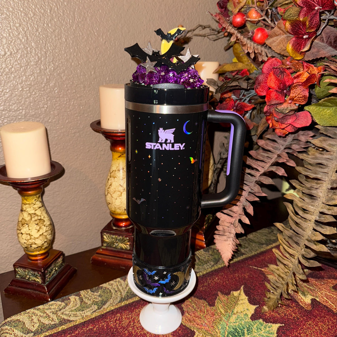 Spellcast Black Bats Moon and Stars Tumbler Topper or boot, for Stanley 20 30 or 40 oz Tumblers, unique gift Halloween accessories