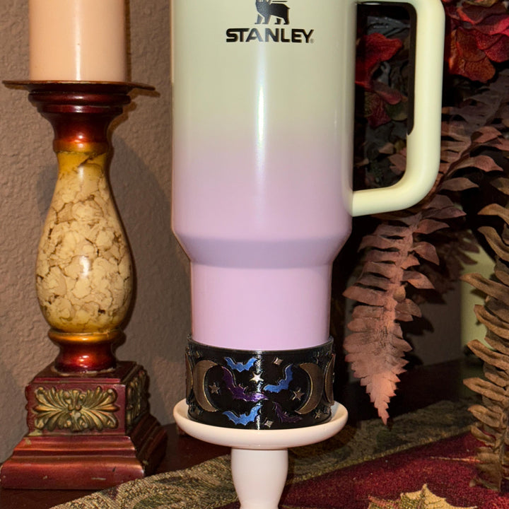Spellcast Black Bats Moon and Stars Tumbler Topper or boot, for Stanley 20 30 or 40 oz Tumblers, unique gift Halloween accessories