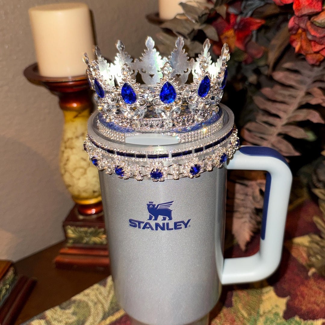 Elegant Blue Sapphire and Silver Rhinestone Royal Princess Accessories for Stanley Tumblers Queen Bling Fancy, Boujie Collection Unique Gift