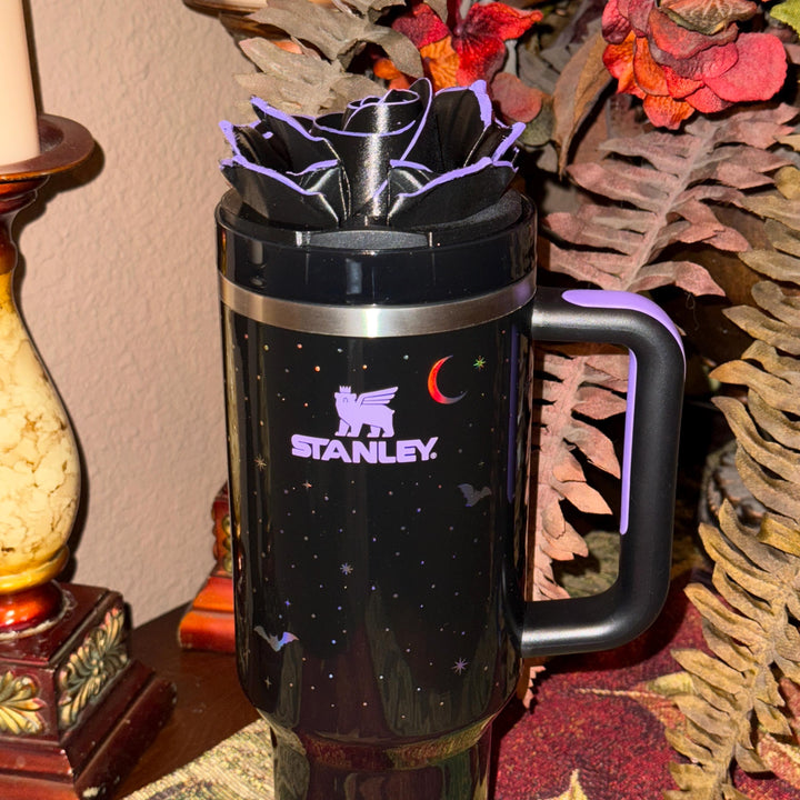 Black Rose with UV Flourescent Neon Green tips or Purple Tips Tumbler Topper, Fits 20 30 oz and 40 oz Stanley lids, Halloween accessories