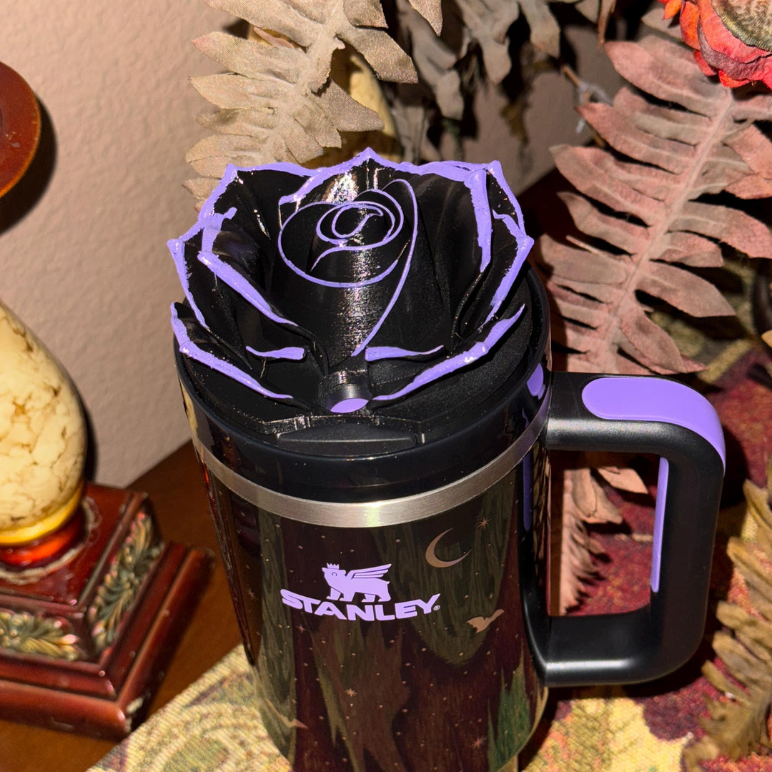 Black Rose with UV Flourescent Neon Green tips or Purple Tips Tumbler Topper, Fits 20 30 oz and 40 oz Stanley lids, Halloween accessories