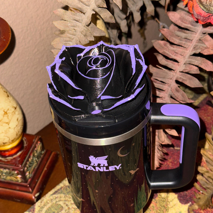 Black Rose with UV Flourescent Neon Green tips or Purple Tips Tumbler Topper, Fits 20 30 oz and 40 oz Stanley lids, Halloween accessories
