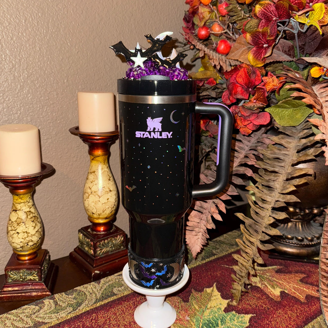 Spellcast Black Bats Moon and Stars Tumbler Topper or boot, for Stanley 20 30 or 40 oz Tumblers, unique gift Halloween accessories
