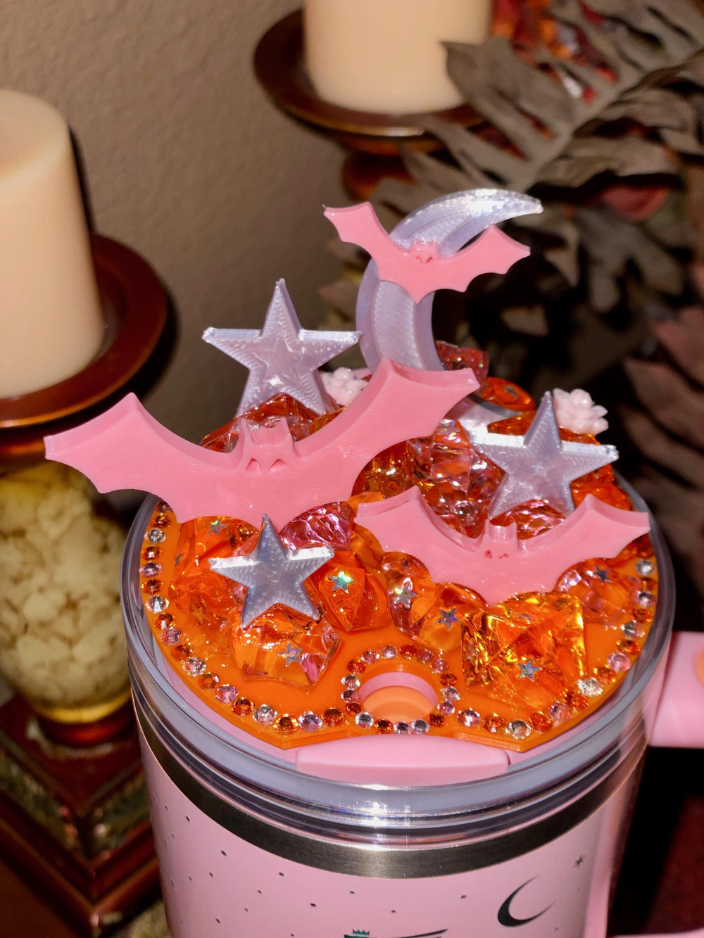 Spellcast PINK Bats Moon and Stars Tumbler Topper or boot, for Stanley 20 30 or 40 oz Tumblers, unique gift Halloween accessories