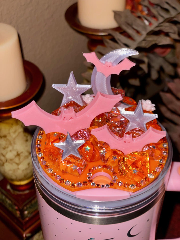 Spellcast PINK Bats Moon and Stars Tumbler Topper or boot, for Stanley 20 30 or 40 oz Tumblers, unique gift Halloween accessories