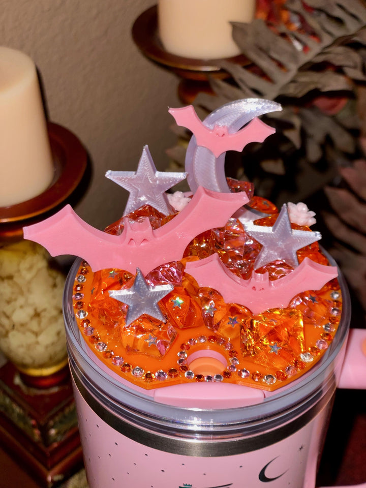 Spellcast PINK Bats Moon and Stars Tumbler Topper or boot, for Stanley 20 30 or 40 oz Tumblers, unique gift Halloween accessories
