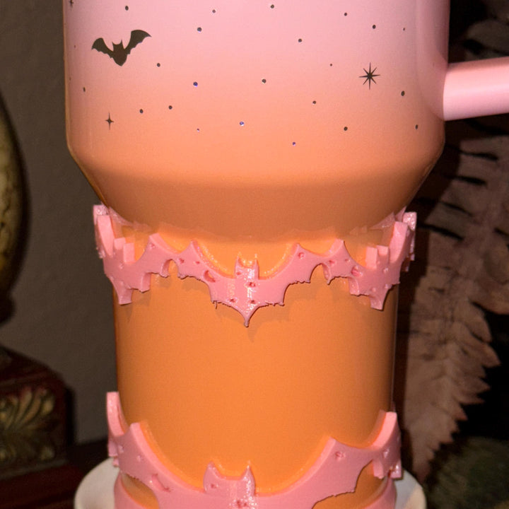 Spellcast PINK Bats Moon and Stars Tumbler Topper or boot, for Stanley 20 30 or 40 oz Tumblers, unique gift Halloween accessories
