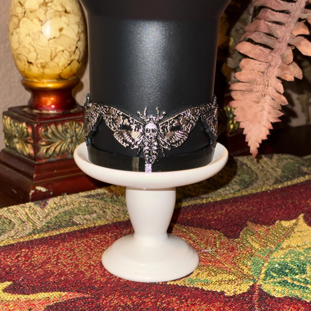 Black and Silver Moth Deadly Damask tumbler boot, for Stanley 20 30 or 40 oz Tumblers, unique gift Halloween accessories