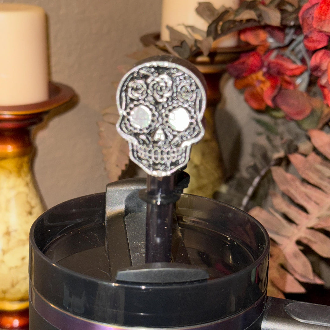 Black or Silver Sugar Skull Straw Topper, for Stanley 20 30 or 40 oz Tumblers, unique gift, gold, Halloween accessories