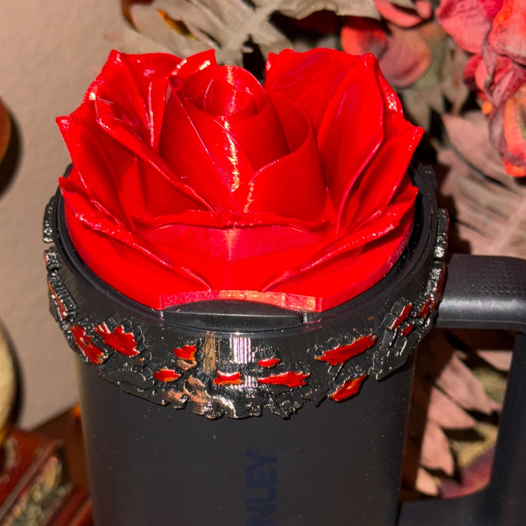 Black Midnight Ruby Floral tumbler boot, for Stanley 1913 x JENNIE collection 20 30 or 40 oz Tumblers, red rose black tips, Unique gift
