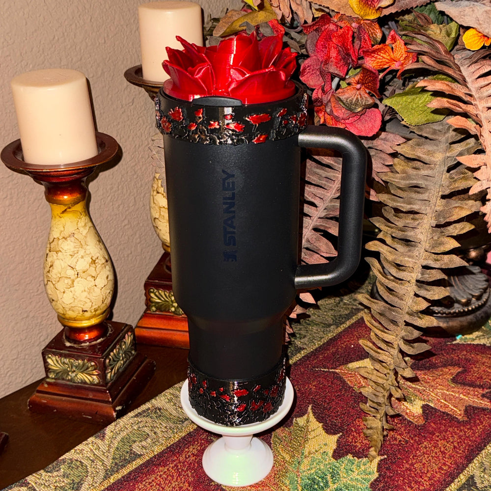 Black Midnight Ruby Floral tumbler boot, for Stanley 1913 x JENNIE collection 20 30 or 40 oz Tumblers, red rose black tips, Unique gift