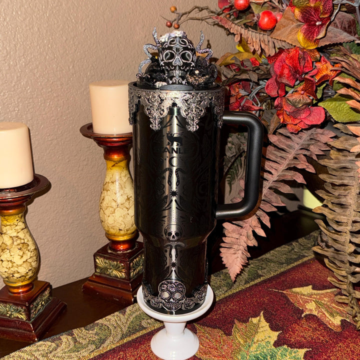 NEW Deadly Damask tumbler topper, boot, charm for Stanley 20 30 or 40 oz Tumblers, Halloween accessories, black moth snake sugarskull