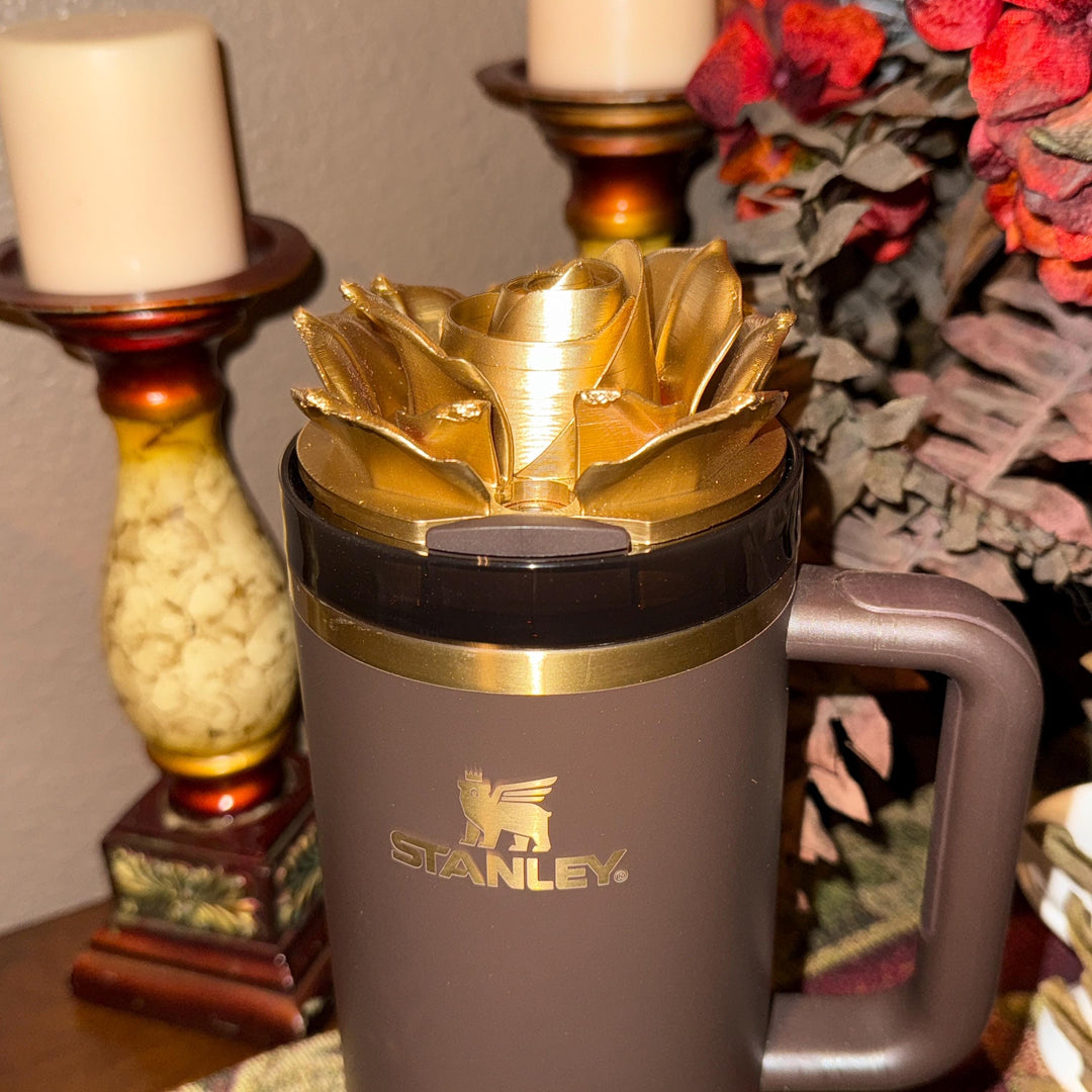 Luxurious Gold Rose Tumbler Topper that fit the 30 oz and 40 oz Stanley tumbler lids