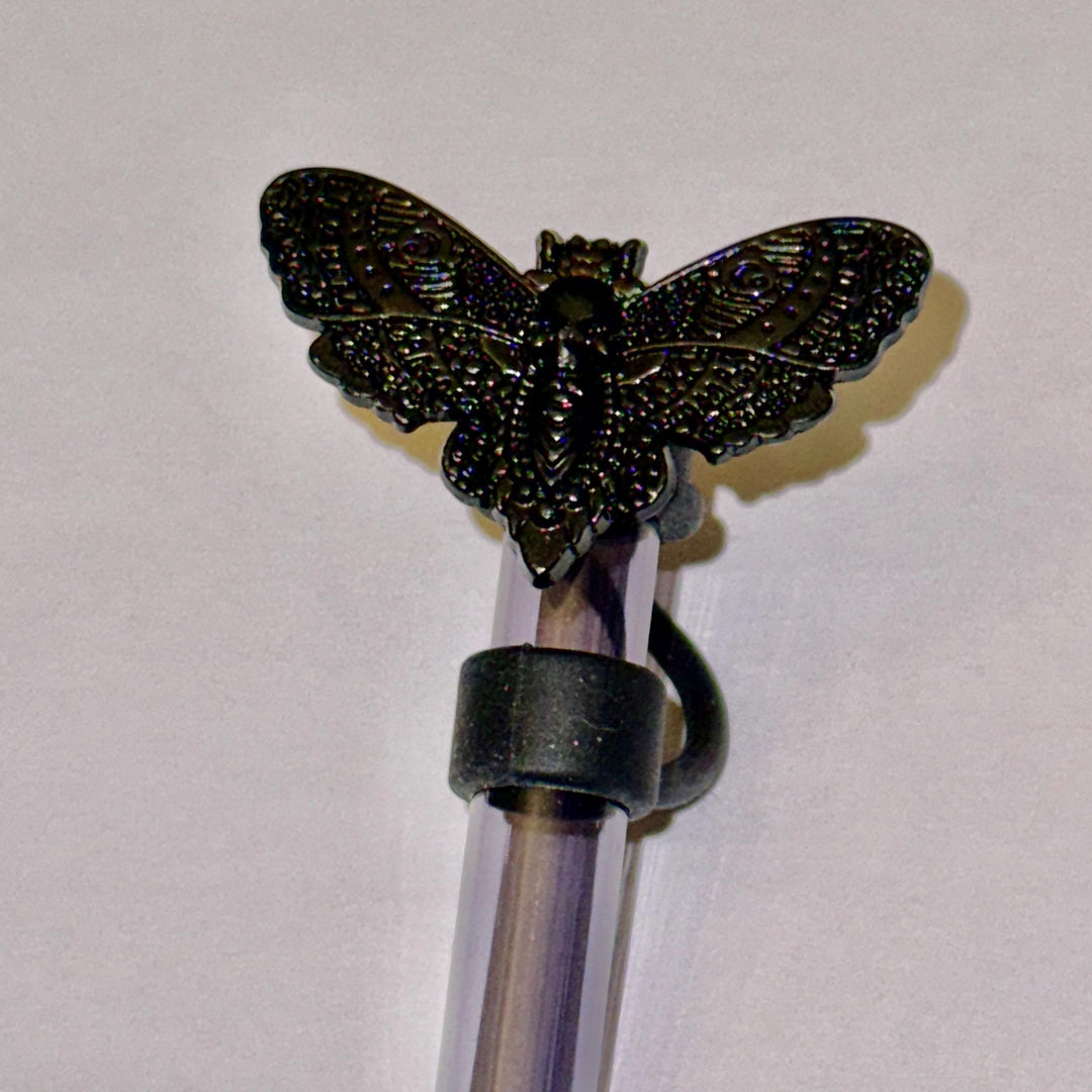 Enamel Black or silver Death Head Moth Straw Cap, for the Deadly Damask Stanley 20 30 or 40 oz Tumblers, unique gift Halloween accessories