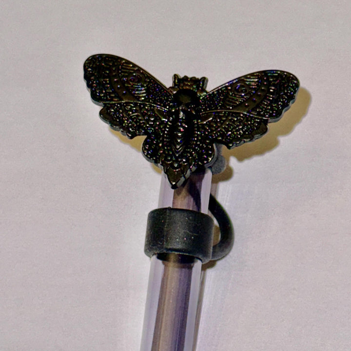 Enamel Black or silver Death Head Moth Straw Cap, for the Deadly Damask Stanley 20 30 or 40 oz Tumblers, unique gift Halloween accessories